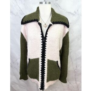 Zara Zip Up Sweater sz S Alpaca Wool Blend Long Sleeves Womens Relax Green Pink